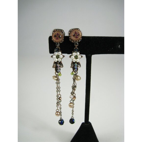 Vintage STYLE Long Dangle Earrings Imitation Pearls Rhinestones Chain Floral - Picture 5 of 7